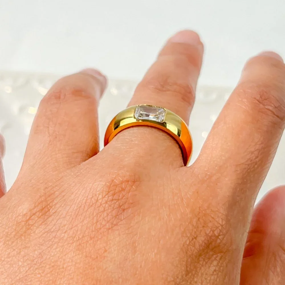 Gold Thick Band Ring With Stone Gold Chunky Ring for Women 18k Gold Plated Ring - Picture 10 of 15